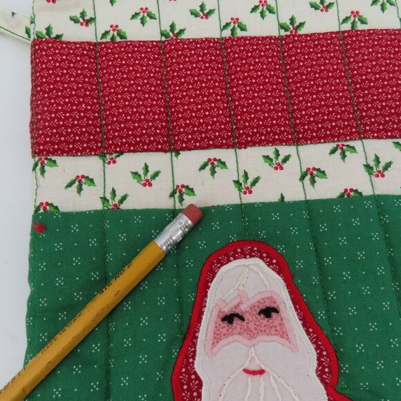 Vintage Handmade Santa Claus Papa Noel Quilted Christmas Stocking Red Green Xmas - Picture 3 of 8